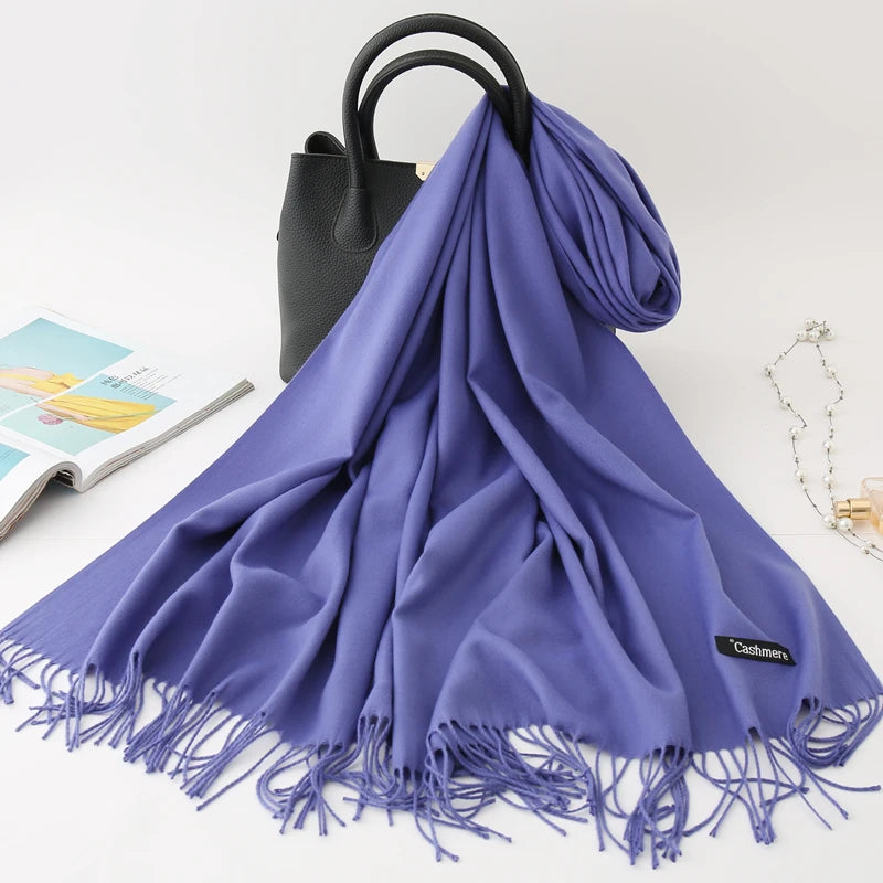 Écharpe d'hiver 2022 en cachemire épais et solide pour femme, foulard chaud pour le cou et la tête, hijab, pashmina, châle et bandana à pompon