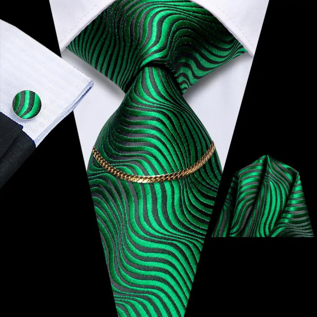 Hi-Tie Business Black Luxury Plaid Mens Tie Silk Neckties Fashion Tie Chain Hanky Cufflinks Set Design Gift For Men Wedding