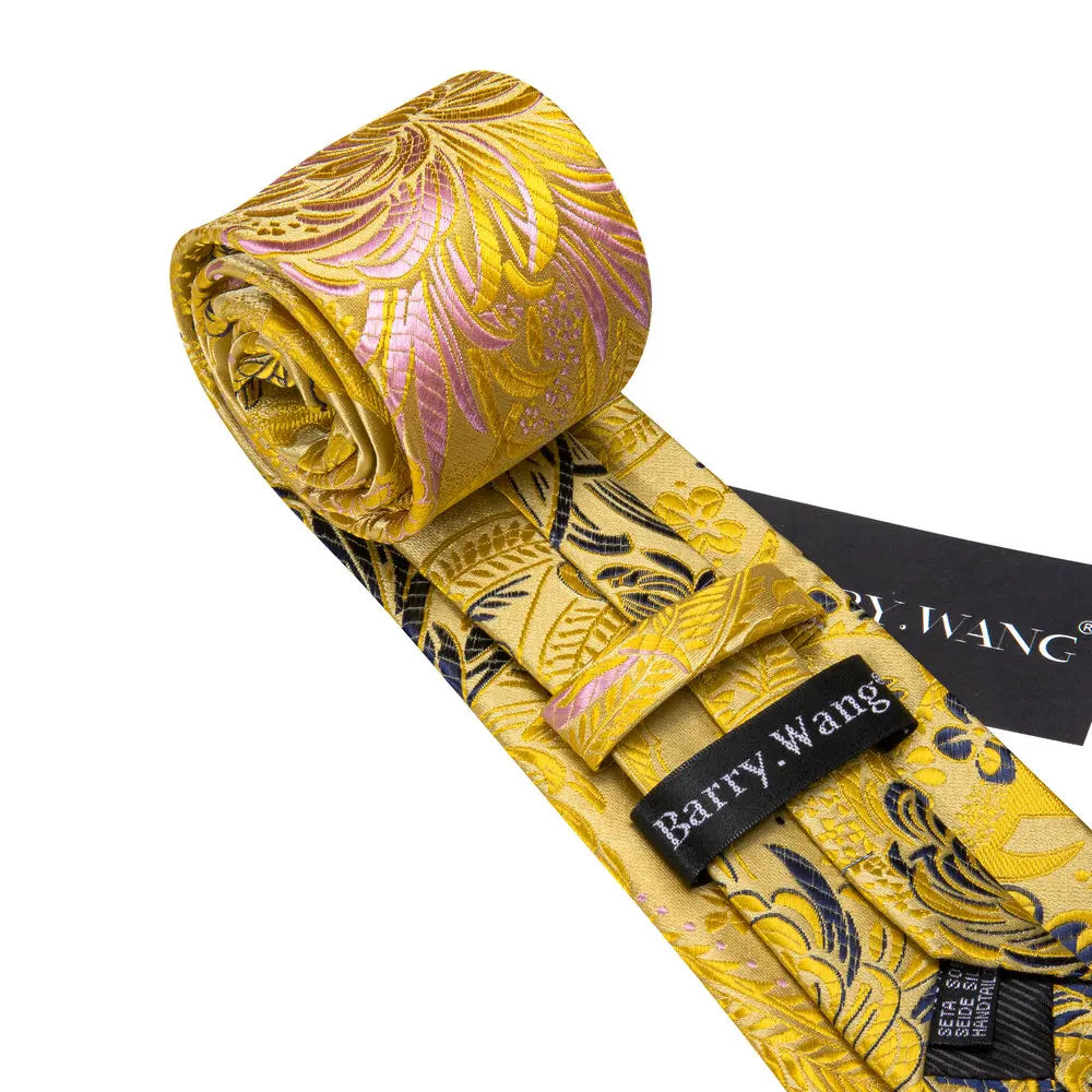 Cravate de mariage noire, dorée et rose pour homme, en soie florale, motif jacquard, pochette, boutons de manchette, pour soirée d'affaires, Barry.Wang
