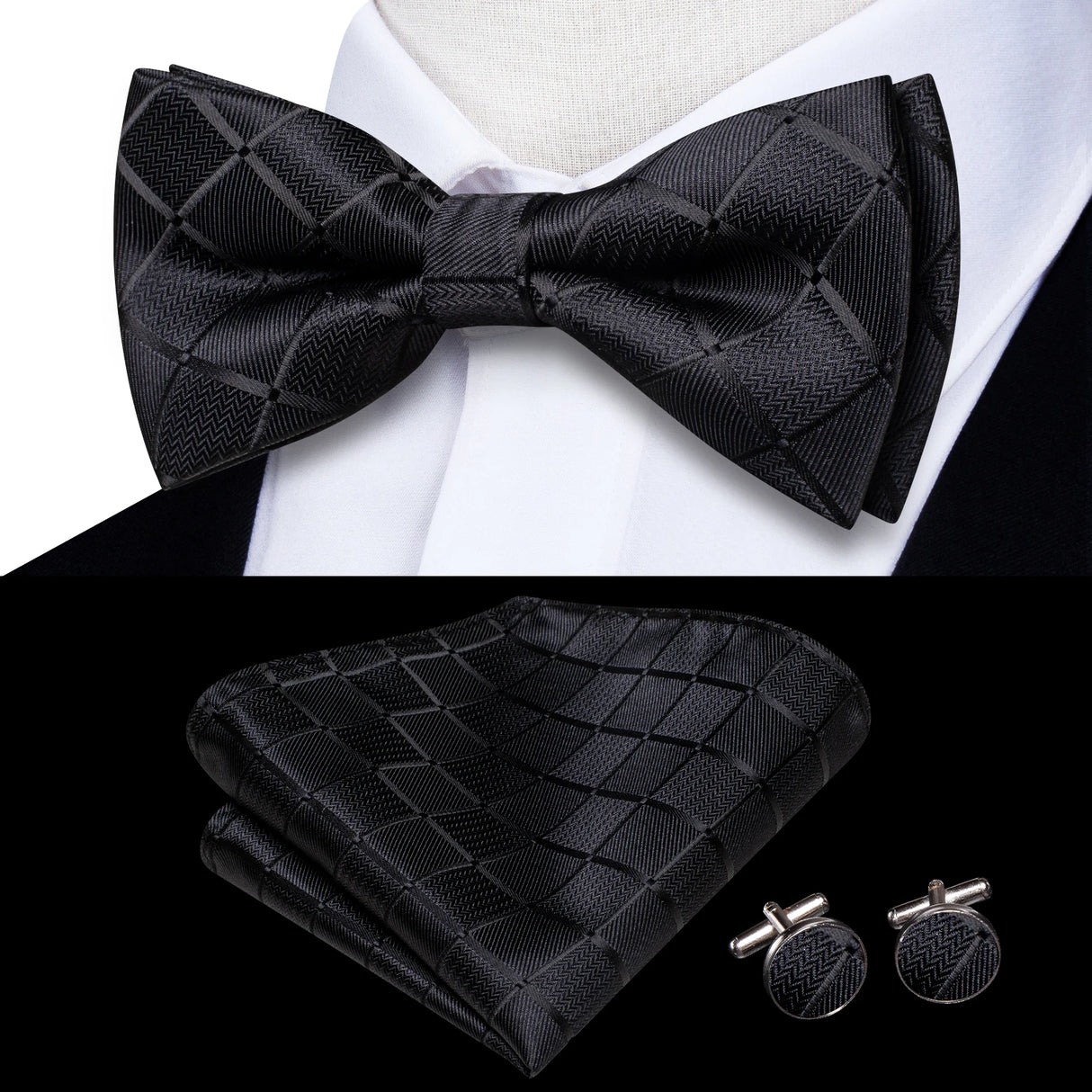 Hi-Tie Jacquard Silk Nœud papillon pour homme, ensemble de boutons de manchette et mouchoir, nœud papillon pré-noué, noir, blanc, gris, bleu, rouge, vert, rose, violet