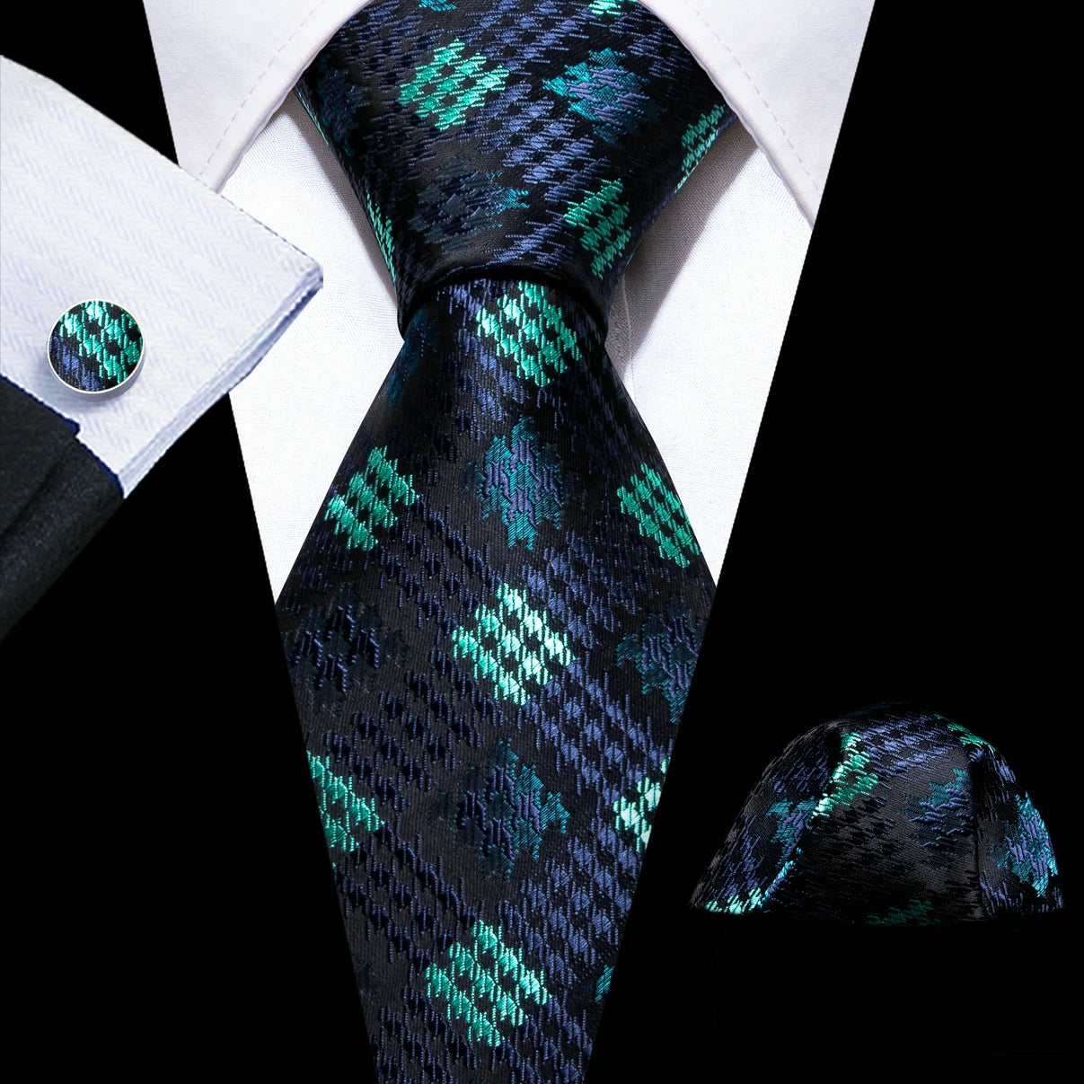 Cravate fantaisie en soie bleu sarcelle pour homme, marque de luxe solide, pochette, boutons de manchette, ensemble de cravates de haute qualité pour fête de mariage Barry.Wang