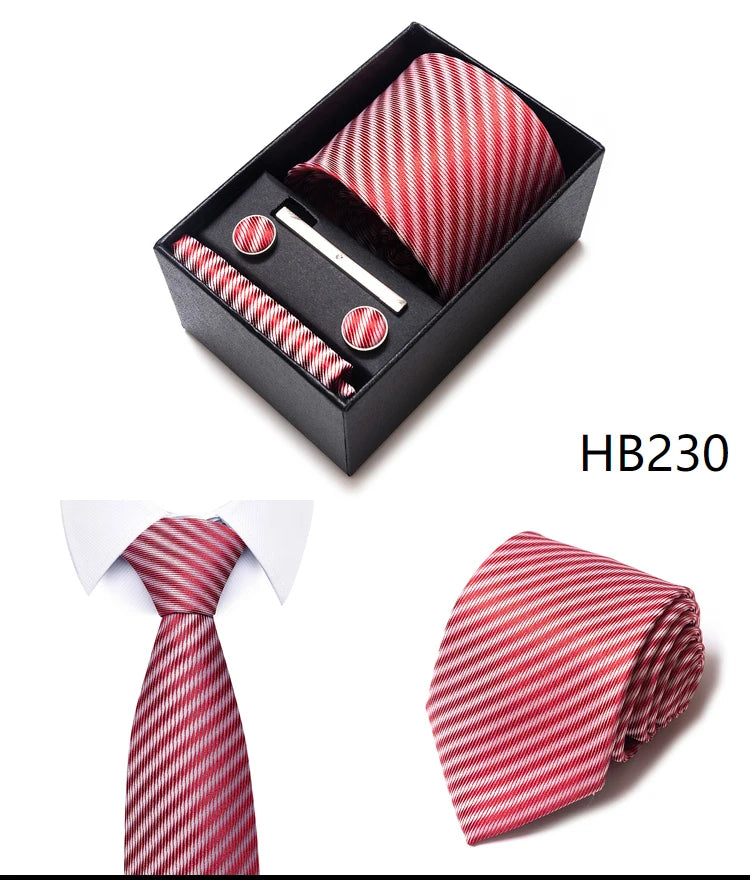 65 Colors Fashion Tie Handkerchief Set Tie Clip Necktie Box Man's Shirt Dark Red Accessories Men Wedding Holiday Gift