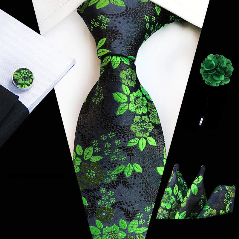 Ensemble de cravates en soie rose floral pour hommes, ensemble de cravates de fête de mariage, mouchoir, broche, boutons de manchette, accessoires pour hommes de haute qualité Gravata