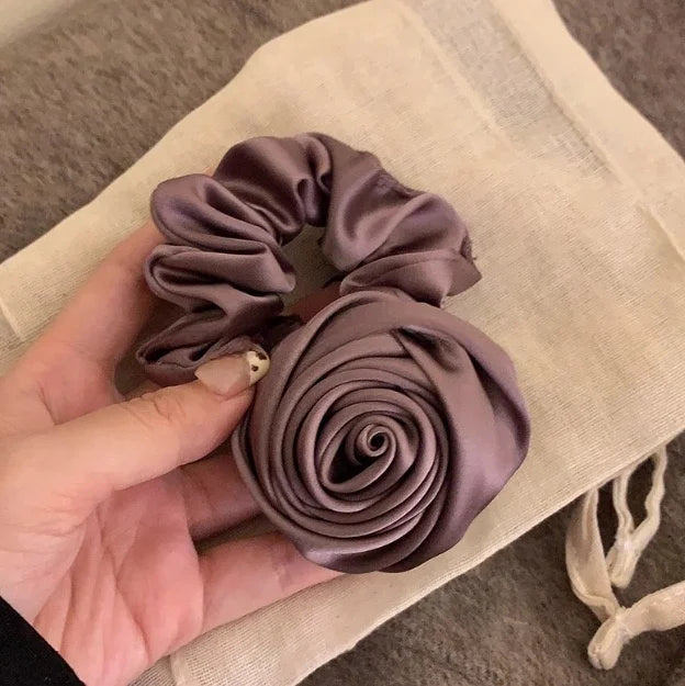 SIMPLEJEWEL™Handmade Rose Flower Elastics Hair Scrunchies, Ties Satin Scrunchies Hair Band Ponytail Holder Band Scrunchies Ring