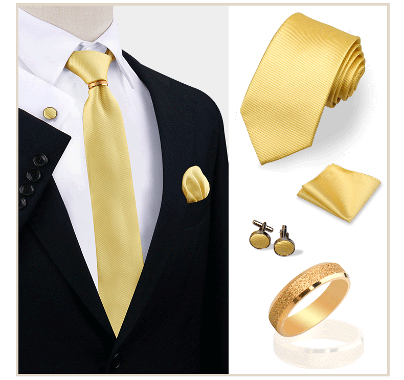 Ensemble de cravates en soie de luxe pour hommes, cravate, mouchoir, boutons de manchette avec anneau en métal doré, broche, costume, fête de mariage, accessoires pour hommes
