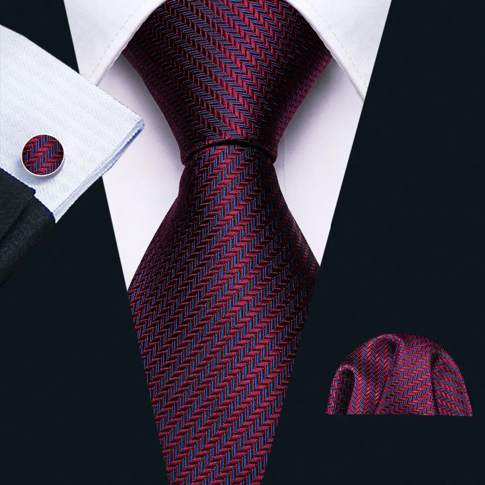 Cravate de mariage en soie rouge, tissée en jacquard, rayée, pour homme, ensemble cravate, mouchoir, boutons de manchette, Barry.Wang, créateur de mode FA-5028