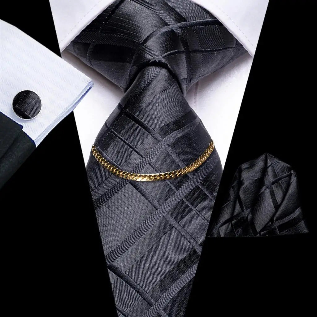 Hi-Tie Business Black Luxury Plaid Mens Tie Silk Neckties Fashion Tie Chain Hanky Cufflinks Set Design Gift For Men Wedding