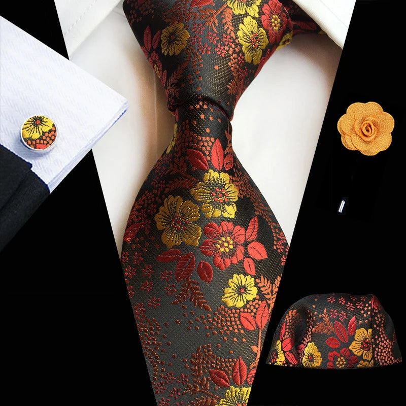 Ensemble de cravates en soie rose floral pour hommes, ensemble de cravates de fête de mariage, mouchoir, broche, boutons de manchette, accessoires pour hommes de haute qualité Gravata
