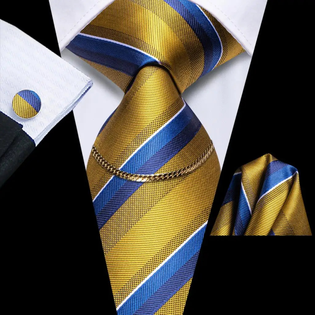 Hi-Tie Business Black Luxury Plaid Mens Tie Silk Neckties Fashion Tie Chain Hanky Cufflinks Set Design Gift For Men Wedding