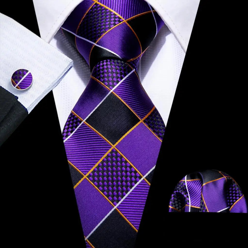 Barry.Wang Ensemble cravate et mouchoir en soie à carreaux pour homme, motif jacquard, idéal pour un mariage, un marié ou une équipe