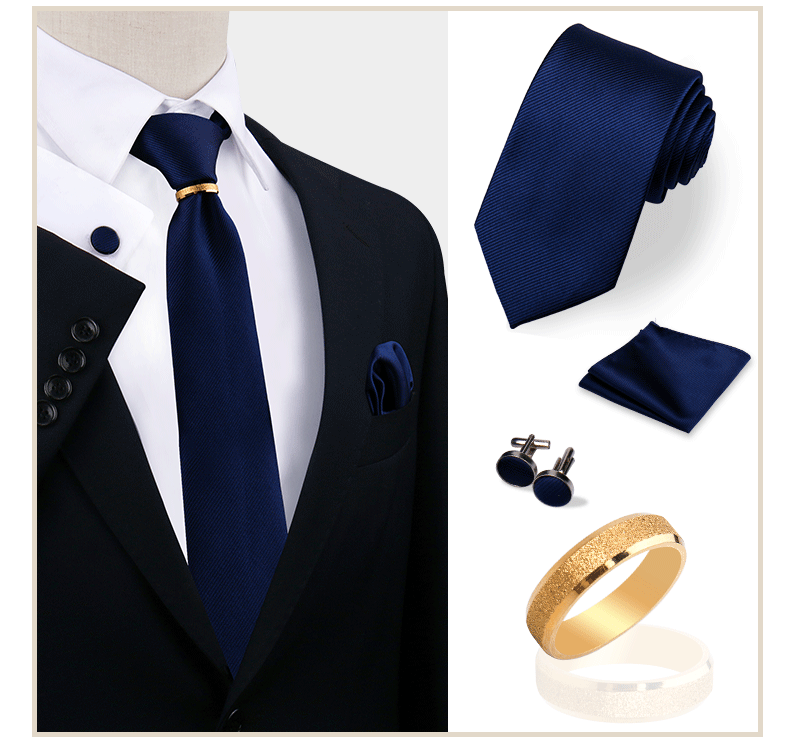 Ensemble de cravates en soie de luxe pour hommes, cravate, mouchoir, boutons de manchette avec anneau en métal doré, broche, costume, fête de mariage, accessoires pour hommes