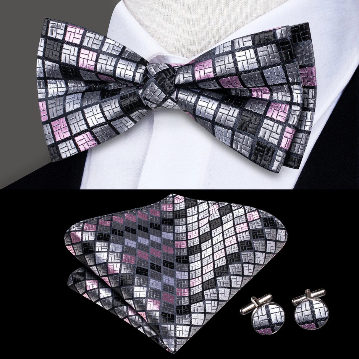 Hi-Tie Marque Soie Pré-noué Homme Nœud Papillon Mouchoir Boutons de Manchette Ensemble Nœud Papillon pour Homme Jacquard Solide Cachemire Floral Mariage Cadeau d'Affaires