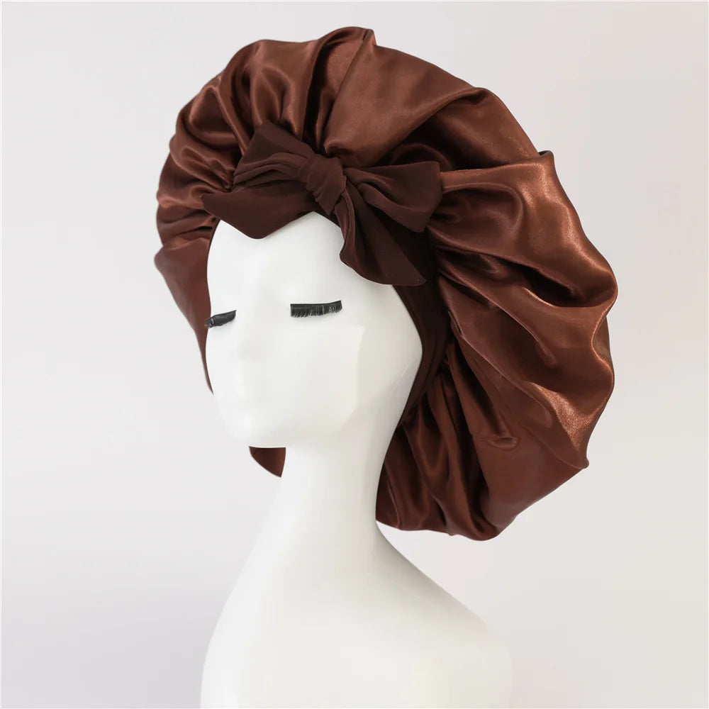 Bonnet de nuit en satin pour femme, large bande solide, extensible, avec nœud, bonnet soyeux, bonnet de nuit, soins capillaires, couvre-tête de douche