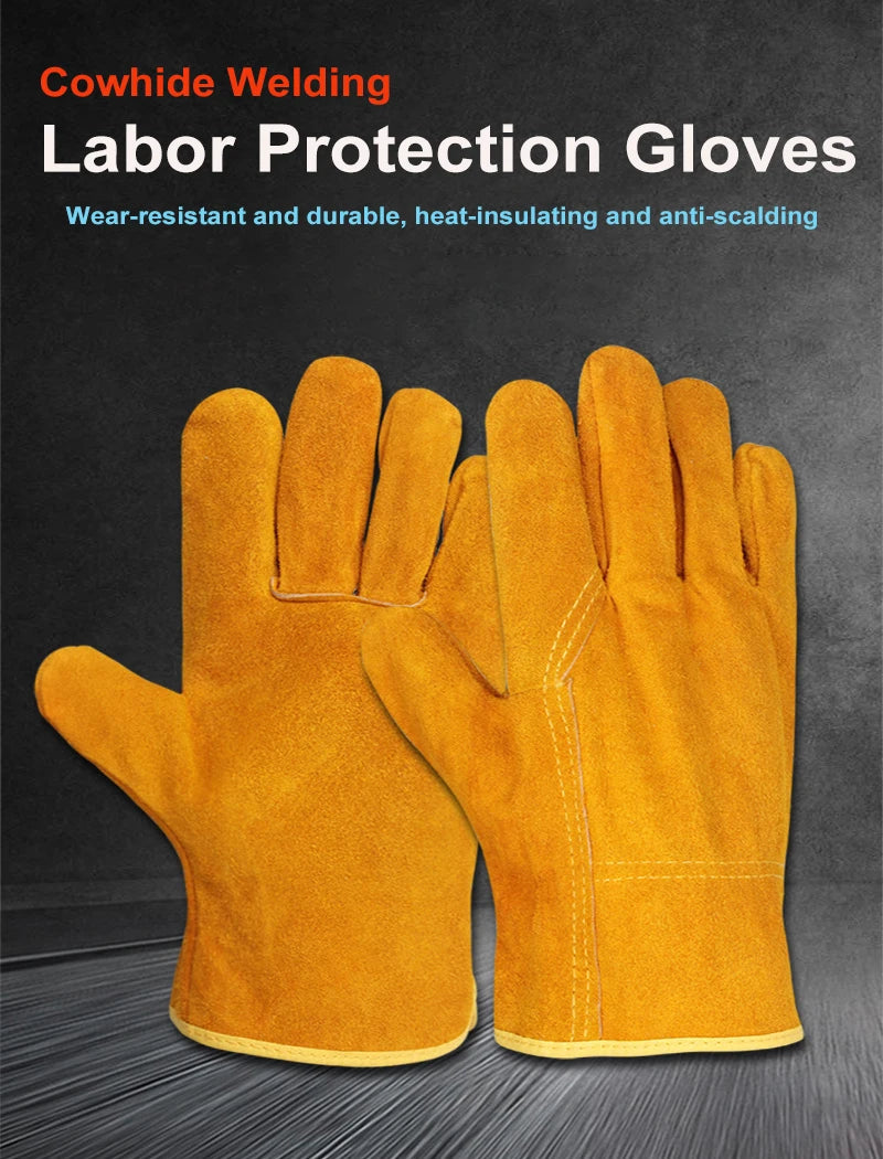 1 Pair Labor Protection Cowhide Gloves Double-layer Yellow Safety Welding Wear-resistant Gloves Personal Protective Equipment