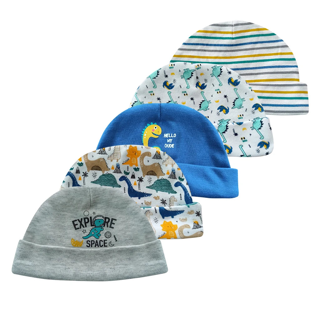Kiddiezoom 5 Pcs/Lot Fashion Casual Cute 0-6Months Newborn Boy Girl Hats 100%Cotton Soft Infant Caps Baby Accessories