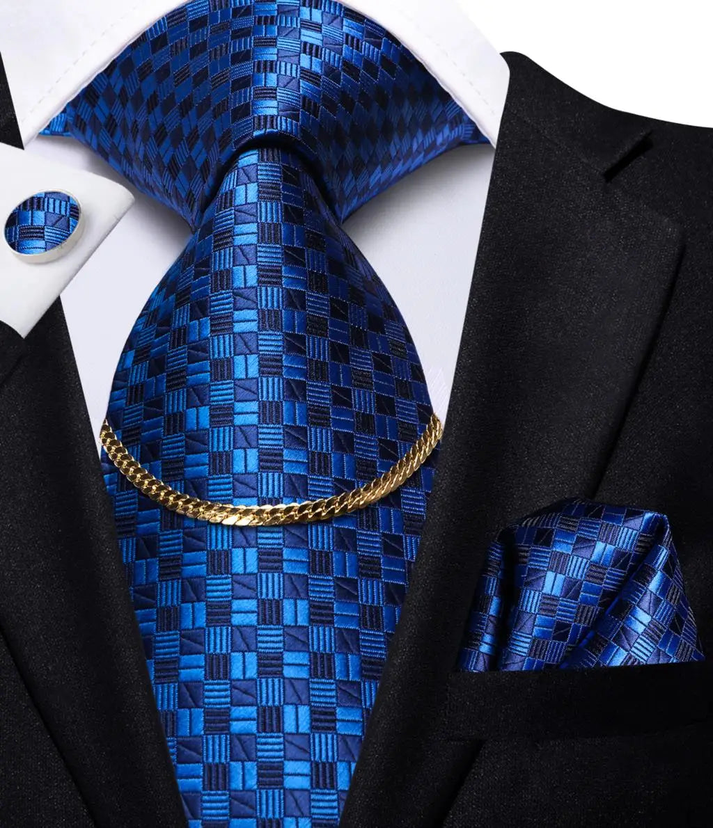 Hi-Tie Business Black Luxury Plaid Mens Tie Silk Neckties Fashion Tie Chain Hanky Cufflinks Set Design Gift For Men Wedding