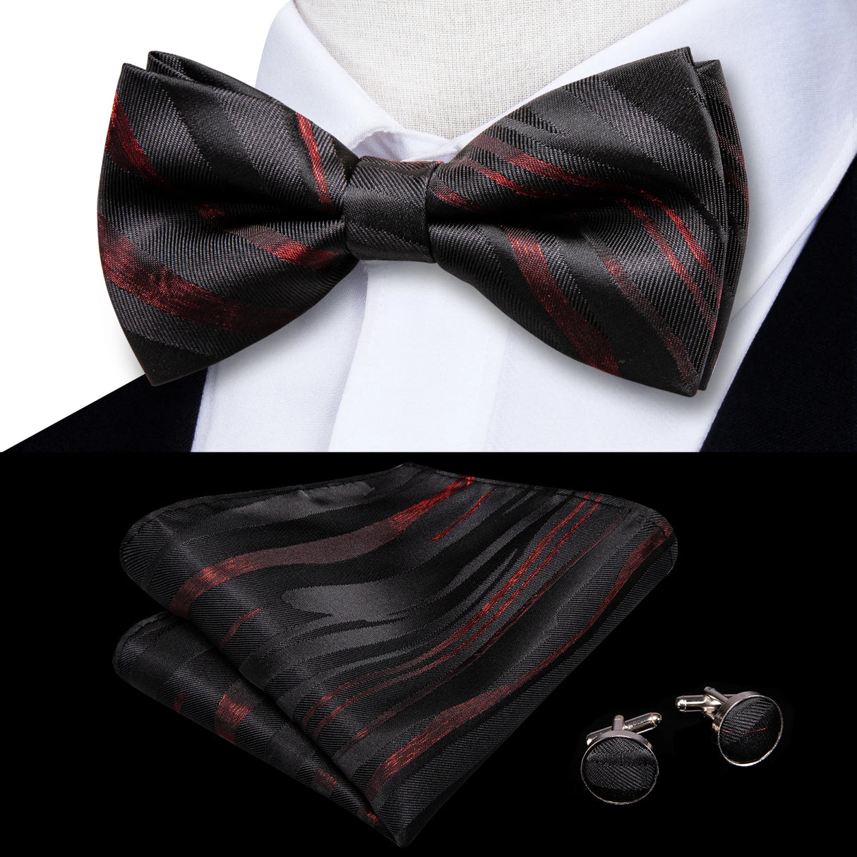 Hi-Tie Nœuds papillon verts de Noël pour hommes Cravate papillon en soie Ensemble de boutons de manchette et mouchoirs pour fête de mariage Nœud papillon uni à carreaux cachemire