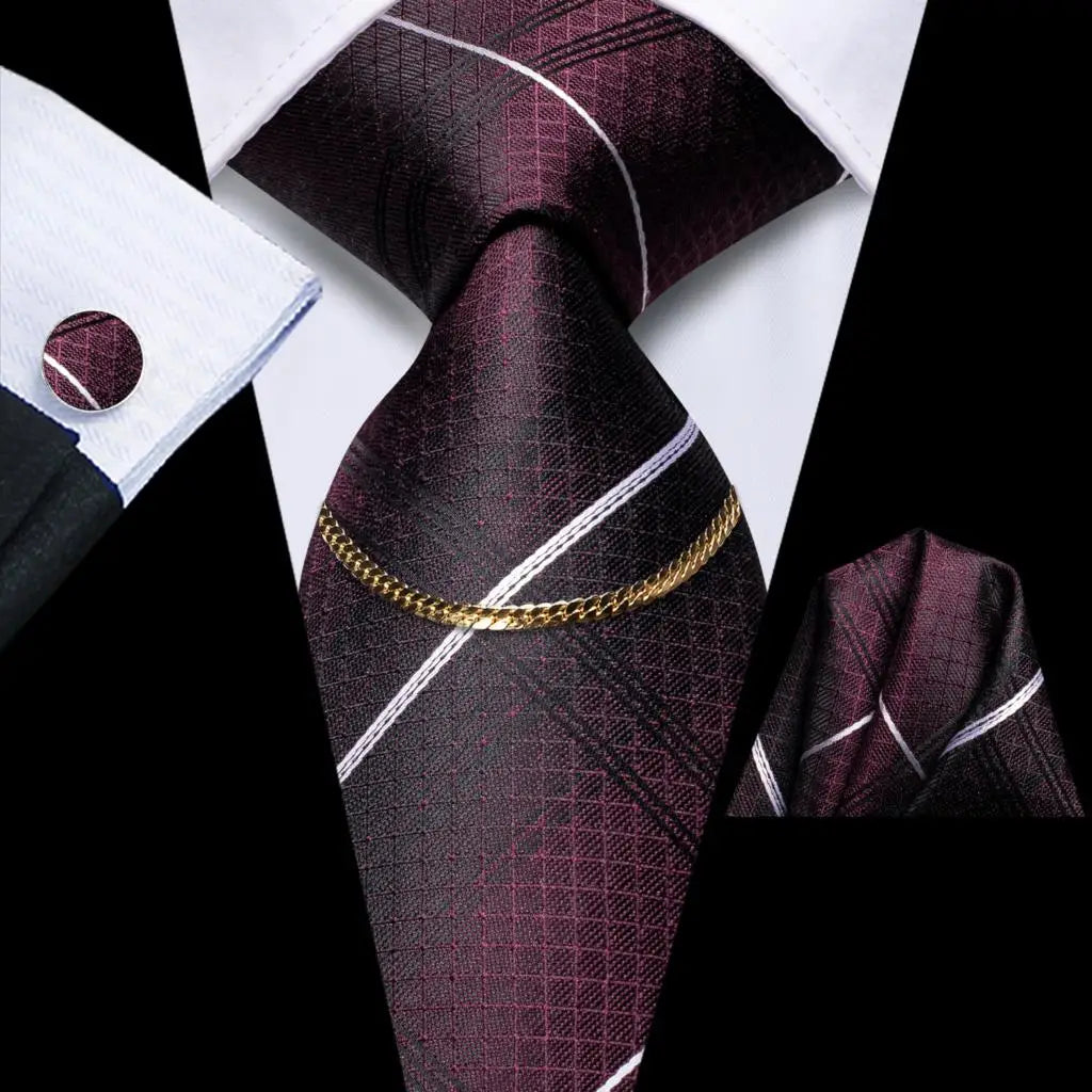 Hi-Tie Business Black Luxury Plaid Mens Tie Silk Neckties Fashion Tie Chain Hanky Cufflinks Set Design Gift For Men Wedding
