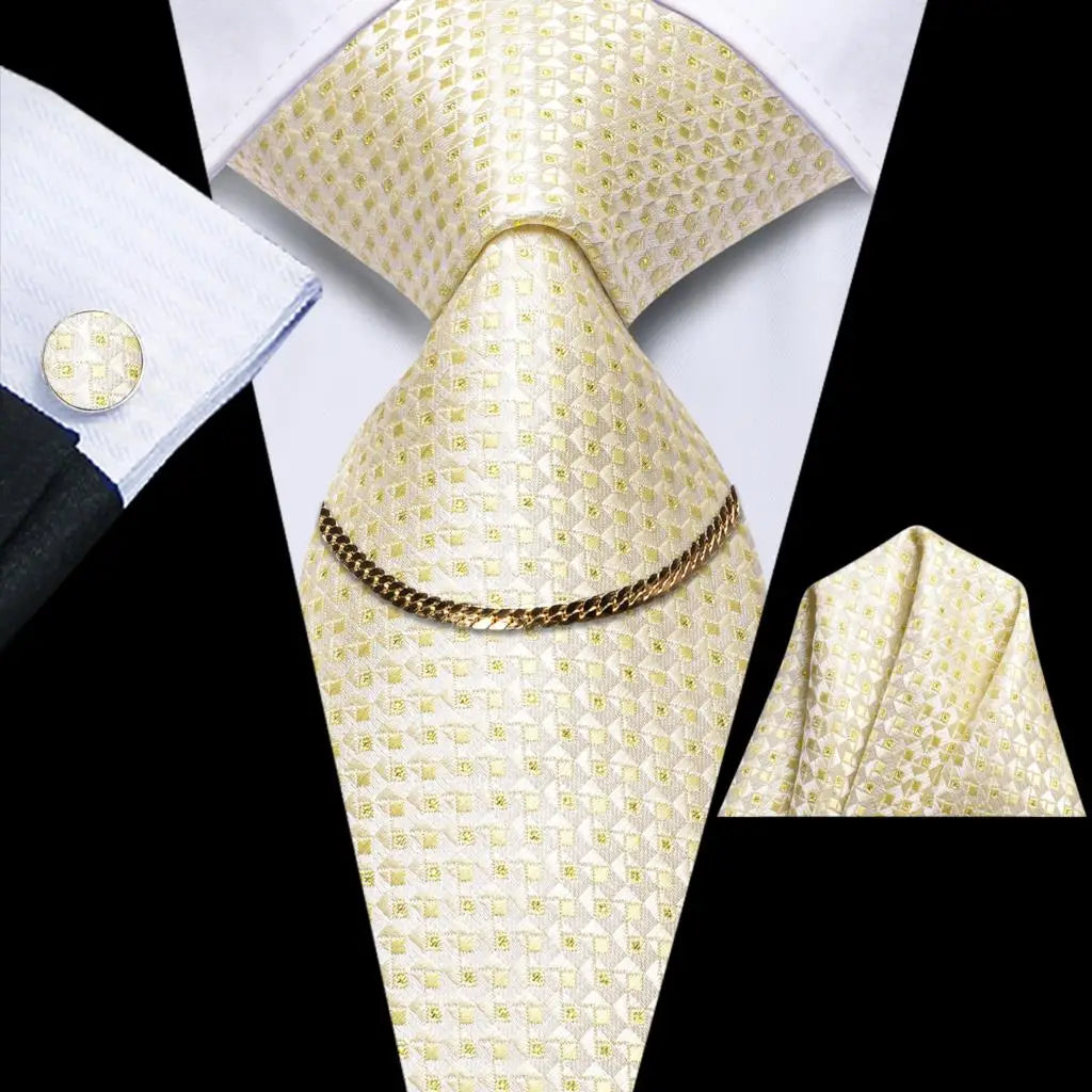 Hi-Tie Business Black Luxury Plaid Mens Tie Silk Neckties Fashion Tie Chain Hanky Cufflinks Set Design Gift For Men Wedding