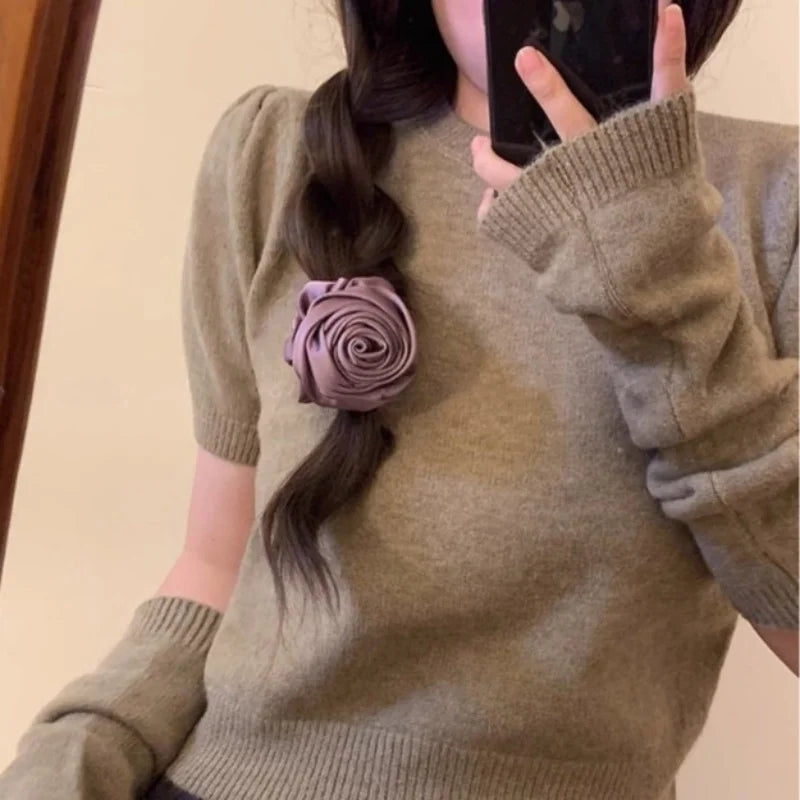 SIMPLEJEWEL™Handmade Rose Flower Elastics Hair Scrunchies, Ties Satin Scrunchies Hair Band Ponytail Holder Band Scrunchies Ring