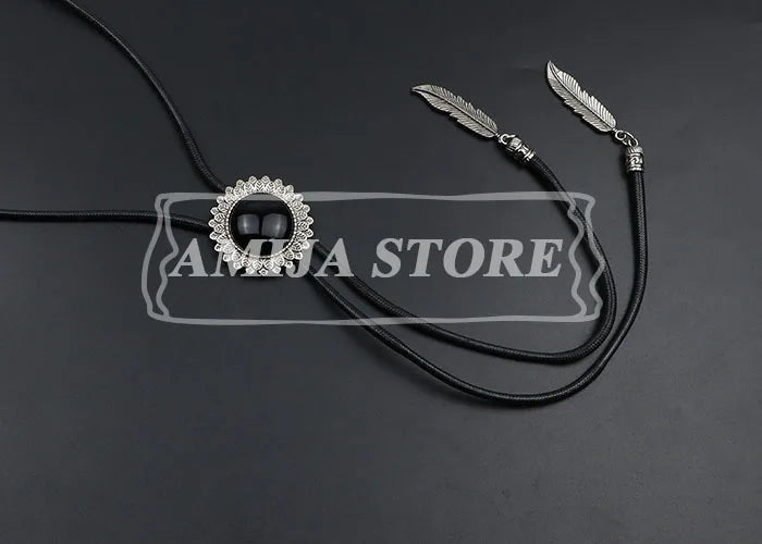 Vintage Bolo Tie Shirt Chain Cowboy Jazz Alloy Men Women Leather Rope Long Necklace Imitation Obsidian Sweater Chain Men Accesso