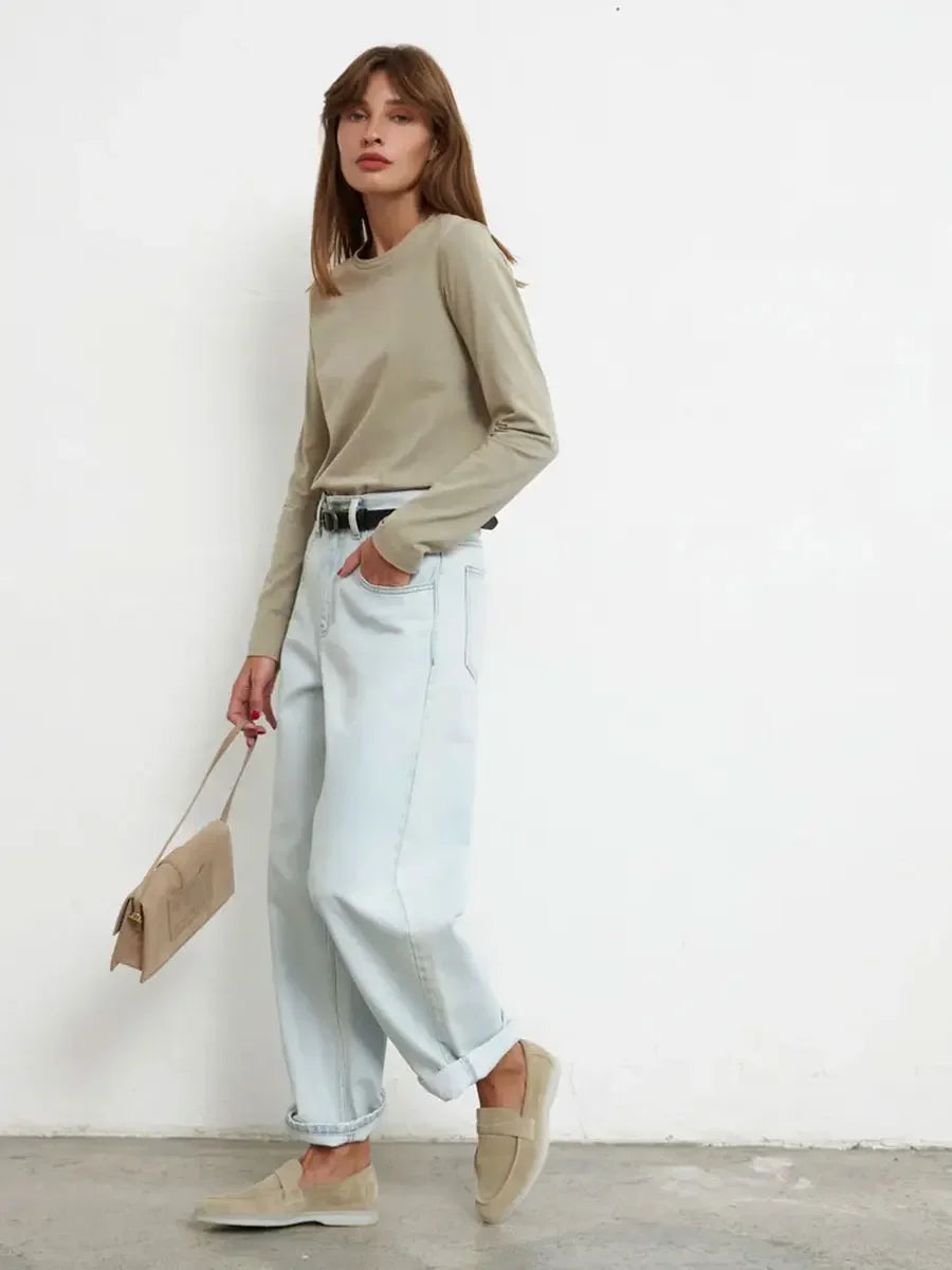Camiseta Bornladies para mujer, 100 % algodón, básica, lisa, de manga larga, holgada, de gran tamaño, para primavera y otoño