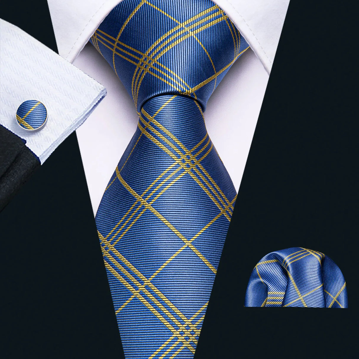 Barry.Wang Ensemble cravate et mouchoir en soie à carreaux pour homme, motif jacquard, idéal pour un mariage, un marié ou une équipe