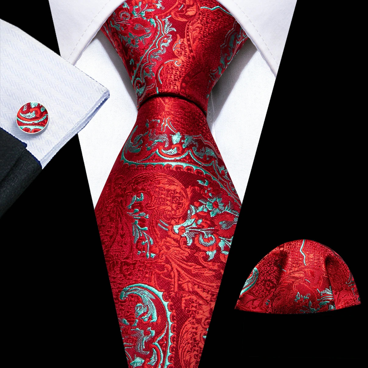 Cravate de mariage en soie rouge, tissée en jacquard, rayée, pour homme, ensemble cravate, mouchoir, boutons de manchette, Barry.Wang, créateur de mode FA-5028