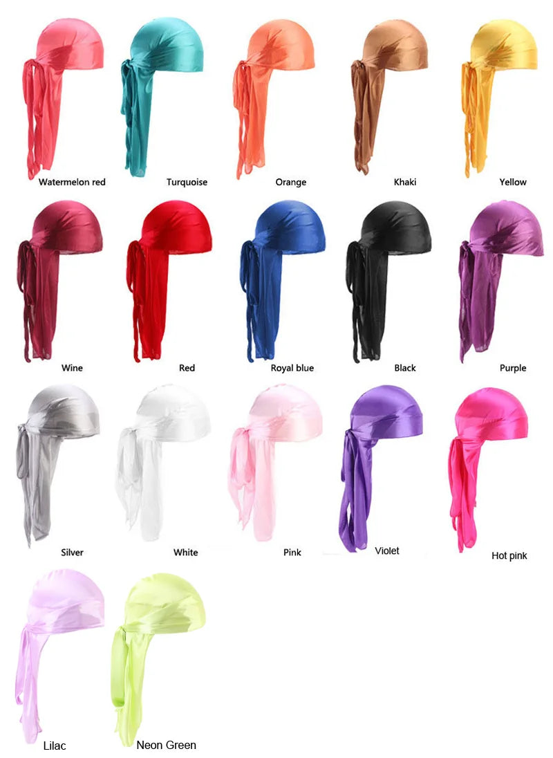 Unisex Silky Long Tail Durag Pirate Hat Turban Fashion Headwraps Cap Bandana Women Men Headwear Caps Hijab Hair Accessories 