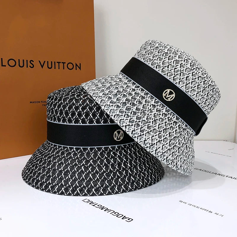 Women's Cap Hollowed Out Breathable Sunscreen Sun Visor Spring and Summer Braided Top Hat Temperament British Fisherman's Hats