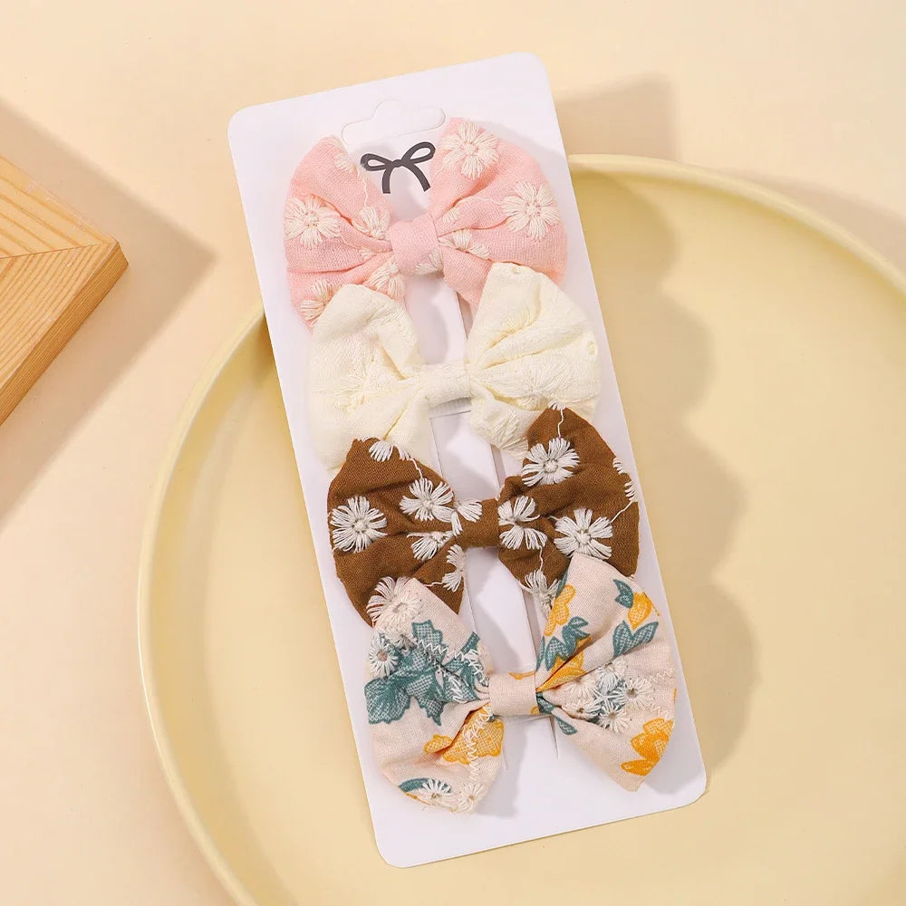 Lot de 4 jolies pinces à cheveux en coton avec nœud papillon, épingles à cheveux sûres, style pastoral, pour fille, accessoires pour cheveux de bébé, imprimés, cadeau