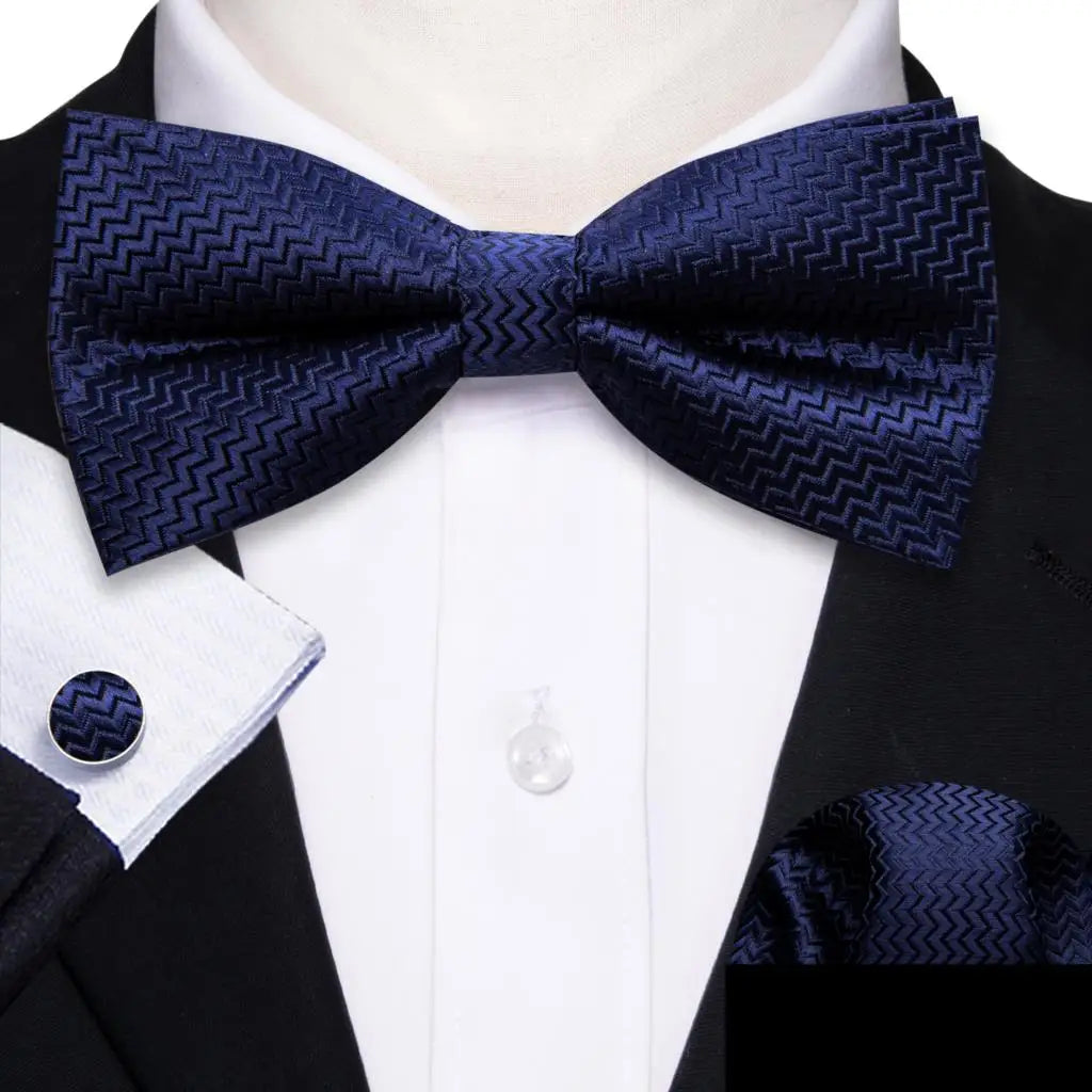 Barry.Wang Nœud papillon en soie bleu marine royal bleu ciel pour homme, ensemble de boutons de manchette, mouchoir, motif cachemire jacquard, motif floral, pour mariage et affaires
