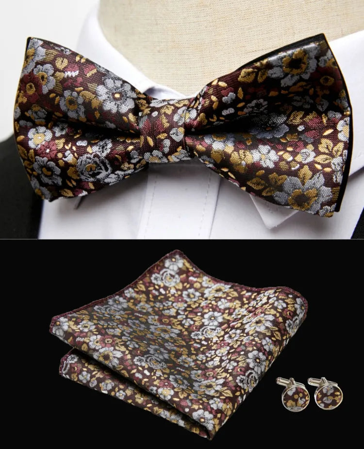HUISHI Classic Blue Bowties For Men Paisley Floral Bow Tie Pocket Square Cufflinks Suit Set Wedding Party Plaid Solid Butterfly