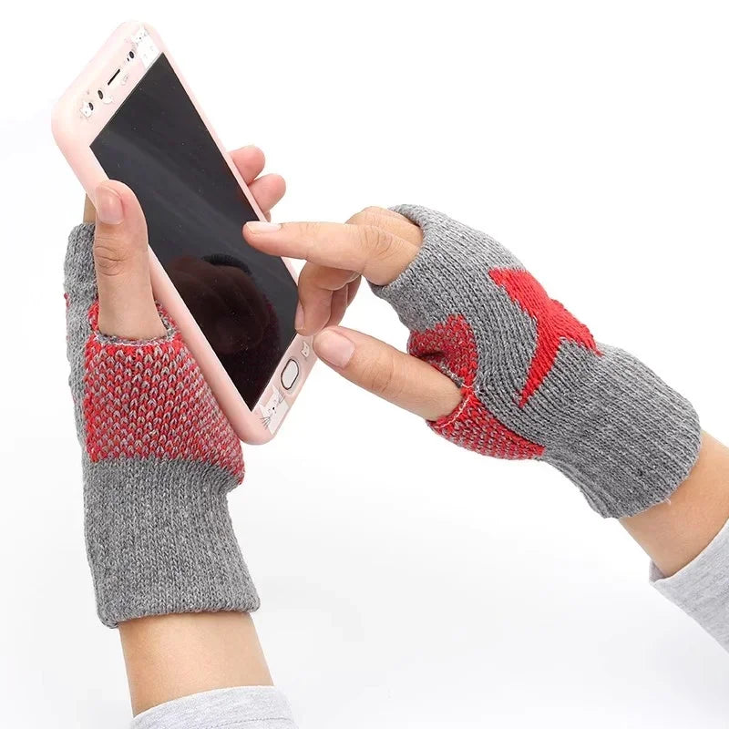 Herbst/Winter Gestrickte Wollhandschuhe Ins Fashion Y2K Herren Damen Halbfinger Warme Fünfzackige Sterne Fingerlose Handschuhe Unisex