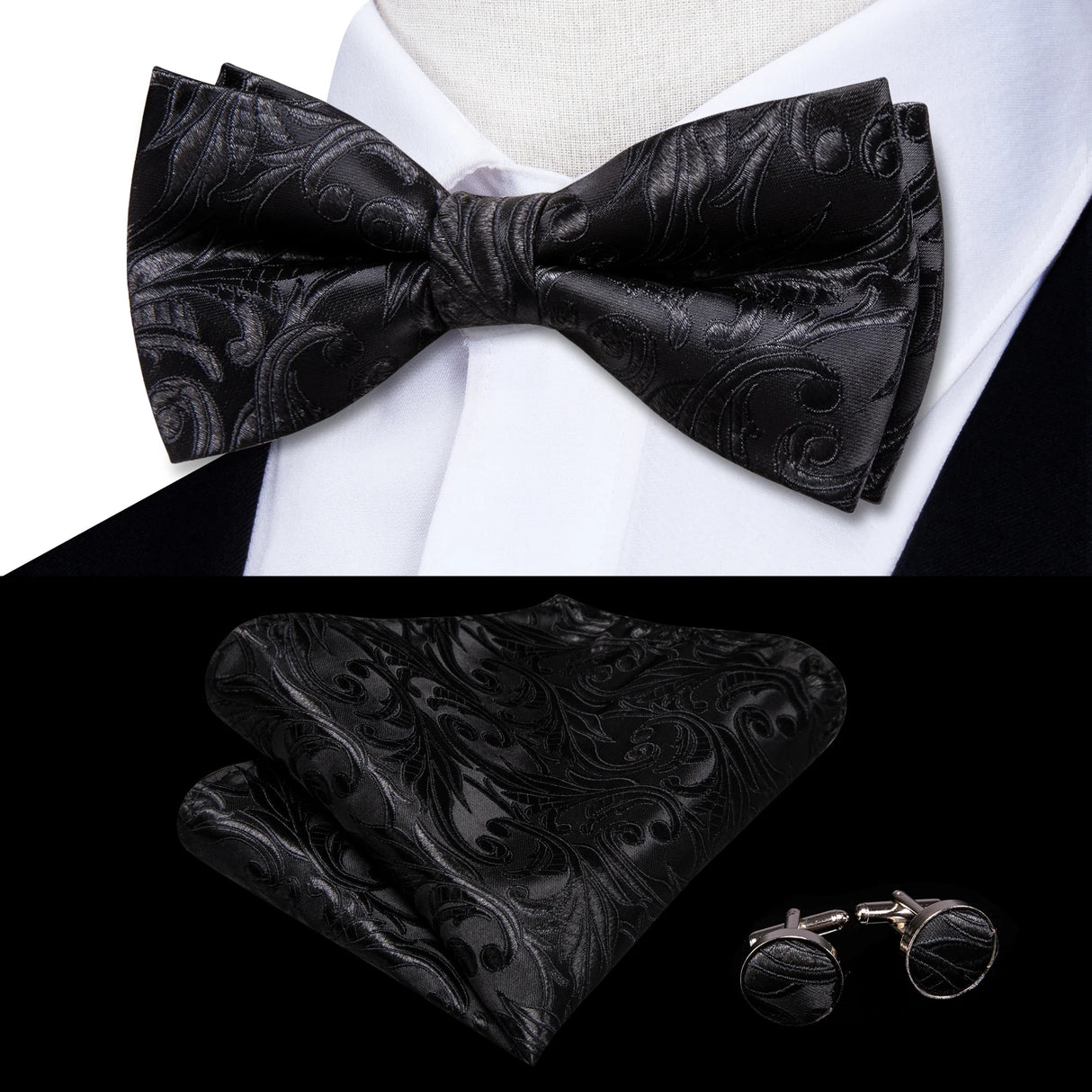 Hi-Tie Jacquard Silk Nœud papillon pour homme, ensemble de boutons de manchette et mouchoir, nœud papillon pré-noué, noir, blanc, gris, bleu, rouge, vert, rose, violet