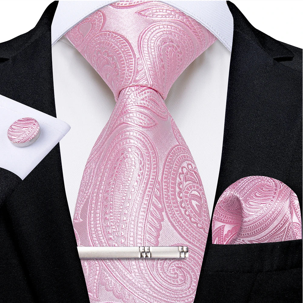 Ensemble cravate homme en soie à rayures roses, motif floral, motif cachemire uni, 8 cm, mouchoir, boutons de manchette, accessoires de mariage, de bal, cravate
