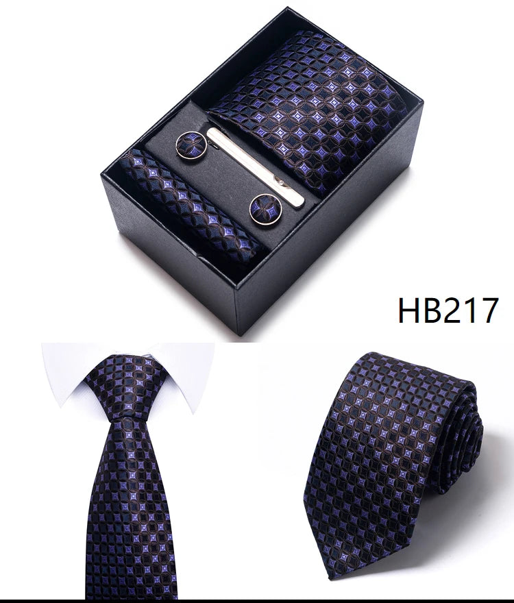 65 Colors Fashion Tie Handkerchief Set Tie Clip Necktie Box Man's Shirt Dark Red Accessories Men Wedding Holiday Gift