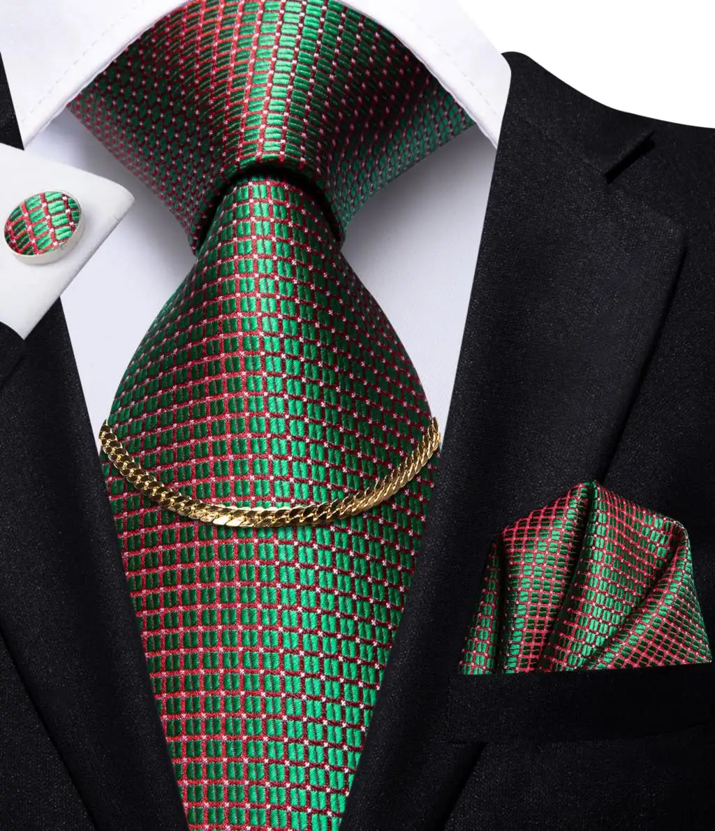 Hi-Tie Business Black Luxury Plaid Mens Tie Silk Neckties Fashion Tie Chain Hanky Cufflinks Set Design Gift For Men Wedding