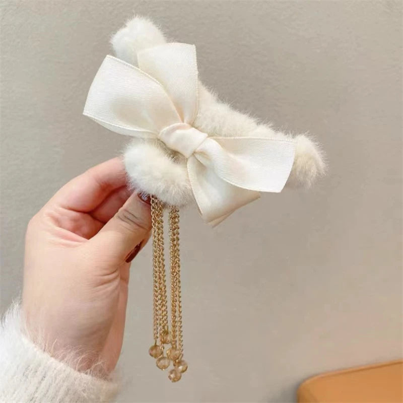 Pinces à cheveux tendance avec nœud et pompon, style coréen, queue de cheval, en peluche, griffe de requin, pour filles, cadeau d'automne et d'hiver