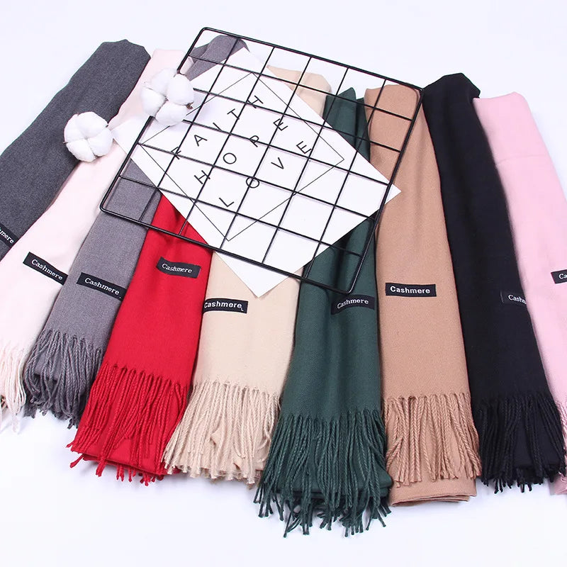 Écharpe unie en cachemire et pashmina pour femme, châle à pompons, hijab, foulard fin, automne-hiver, bandana, styliste, 2022