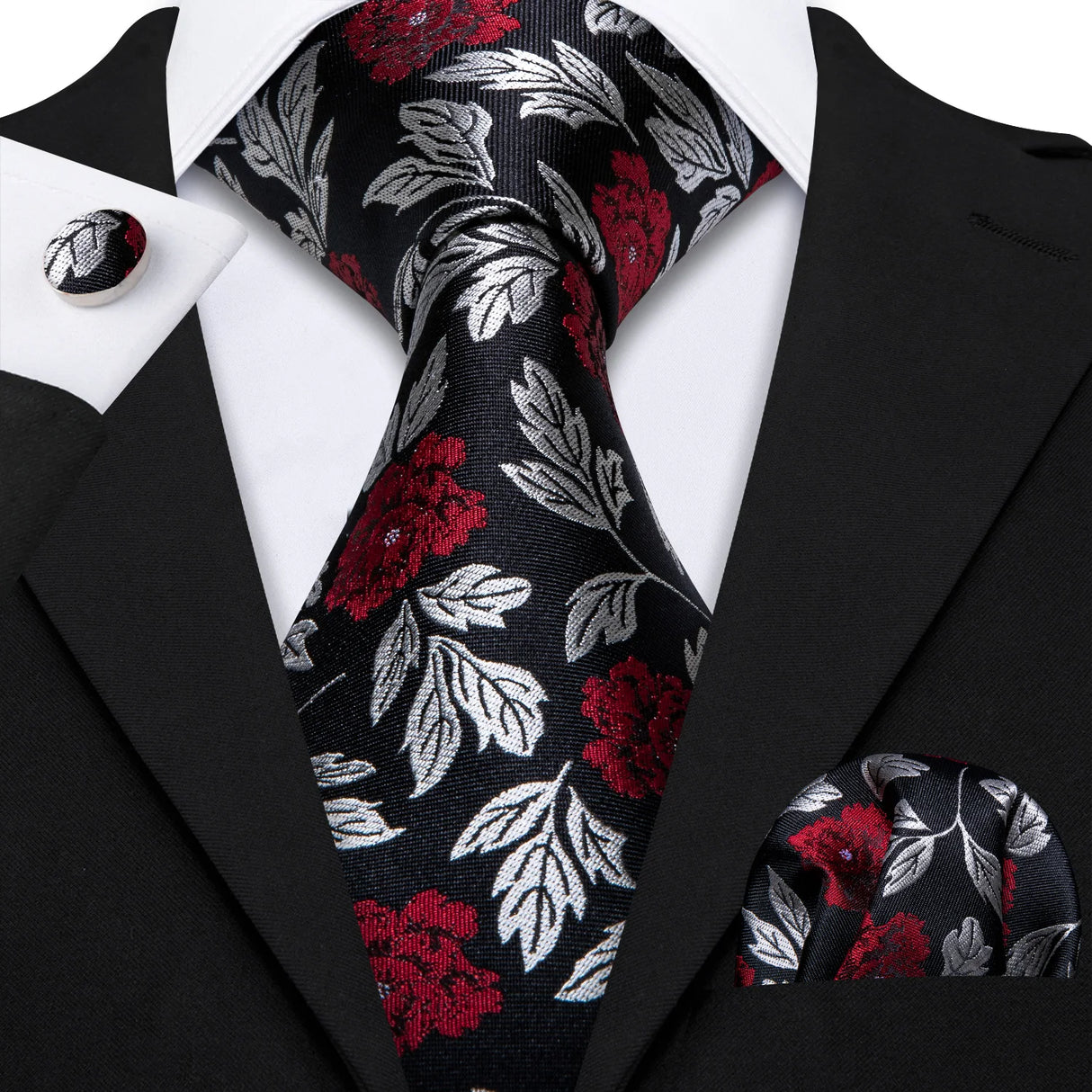 Cravate de mariage noire, dorée et rose pour homme, en soie florale, motif jacquard, pochette, boutons de manchette, pour soirée d'affaires, Barry.Wang