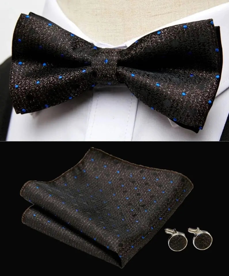 HUISHI Classic Blue Bowties For Men Paisley Floral Bow Tie Pocket Square Cufflinks Suit Set Wedding Party Plaid Solid Butterfly