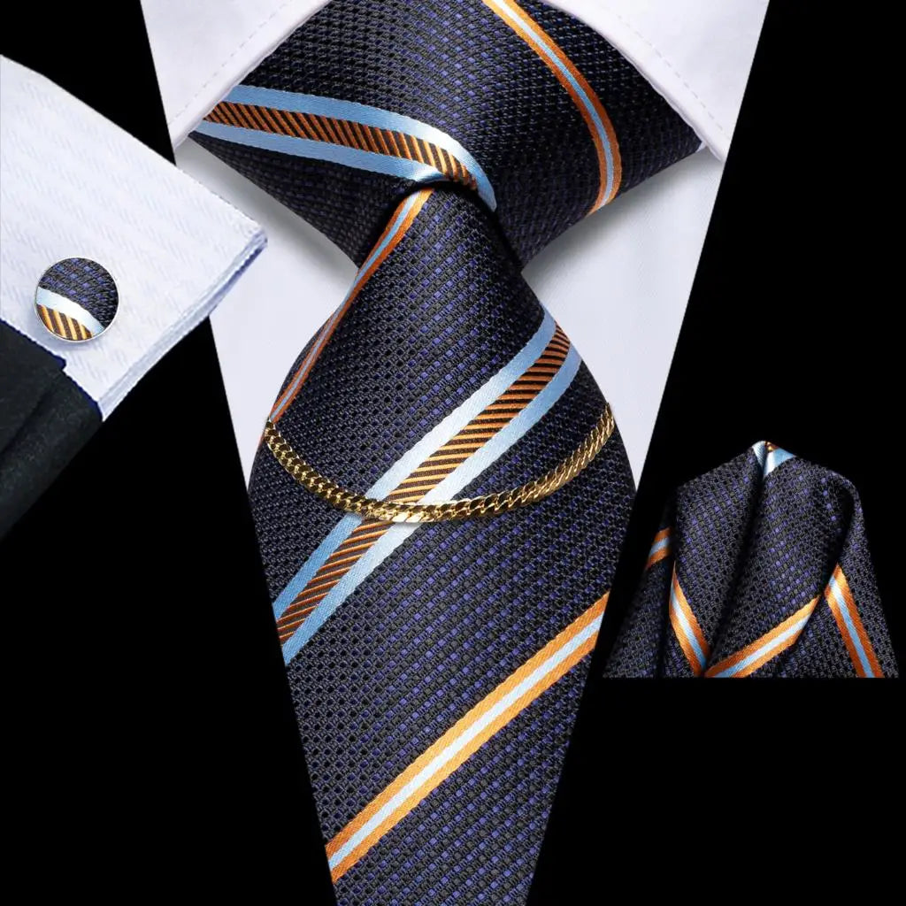 Hi-Tie Business Black Luxury Plaid Mens Tie Silk Neckties Fashion Tie Chain Hanky Cufflinks Set Design Gift For Men Wedding