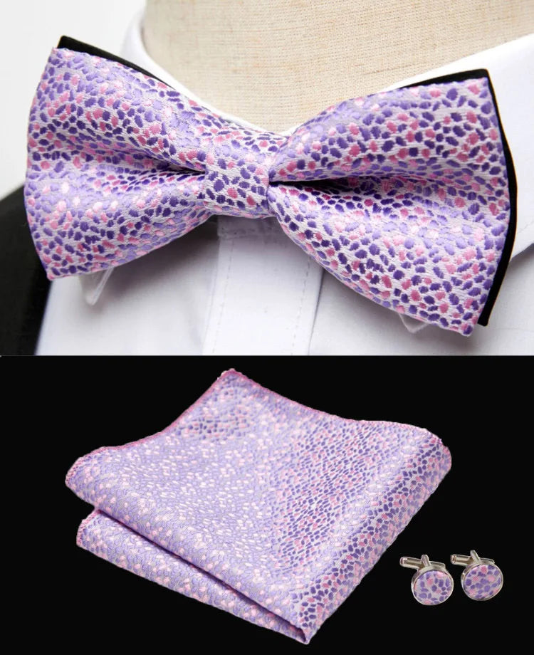 HUISHI Classic Blue Bowties For Men Paisley Floral Bow Tie Pocket Square Cufflinks Suit Set Wedding Party Plaid Solid Butterfly