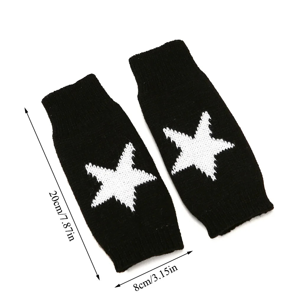 Winter Knitted Woolen Gloves Y2K Women's Half Finger Gloves Knitting Fingerless Arm Gloves Five Pointed Star Writing Guantes