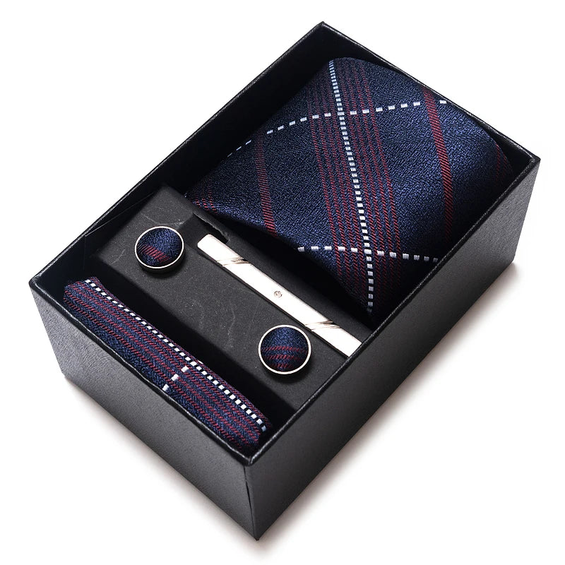 65 Colors Fashion Tie Handkerchief Set Tie Clip Necktie Box Man's Shirt Dark Red Accessories Men Wedding Holiday Gift