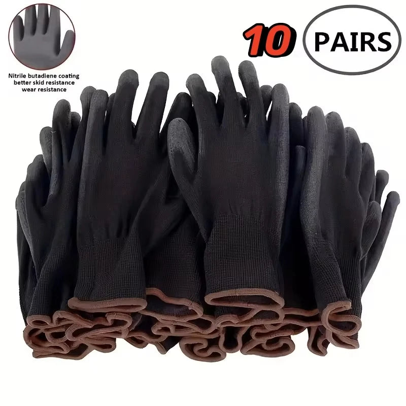 10 pares de guantes de seguridad duraderos: antideslizantes, resistentes al desgaste y con protección ESD para jardinería y carpintería.