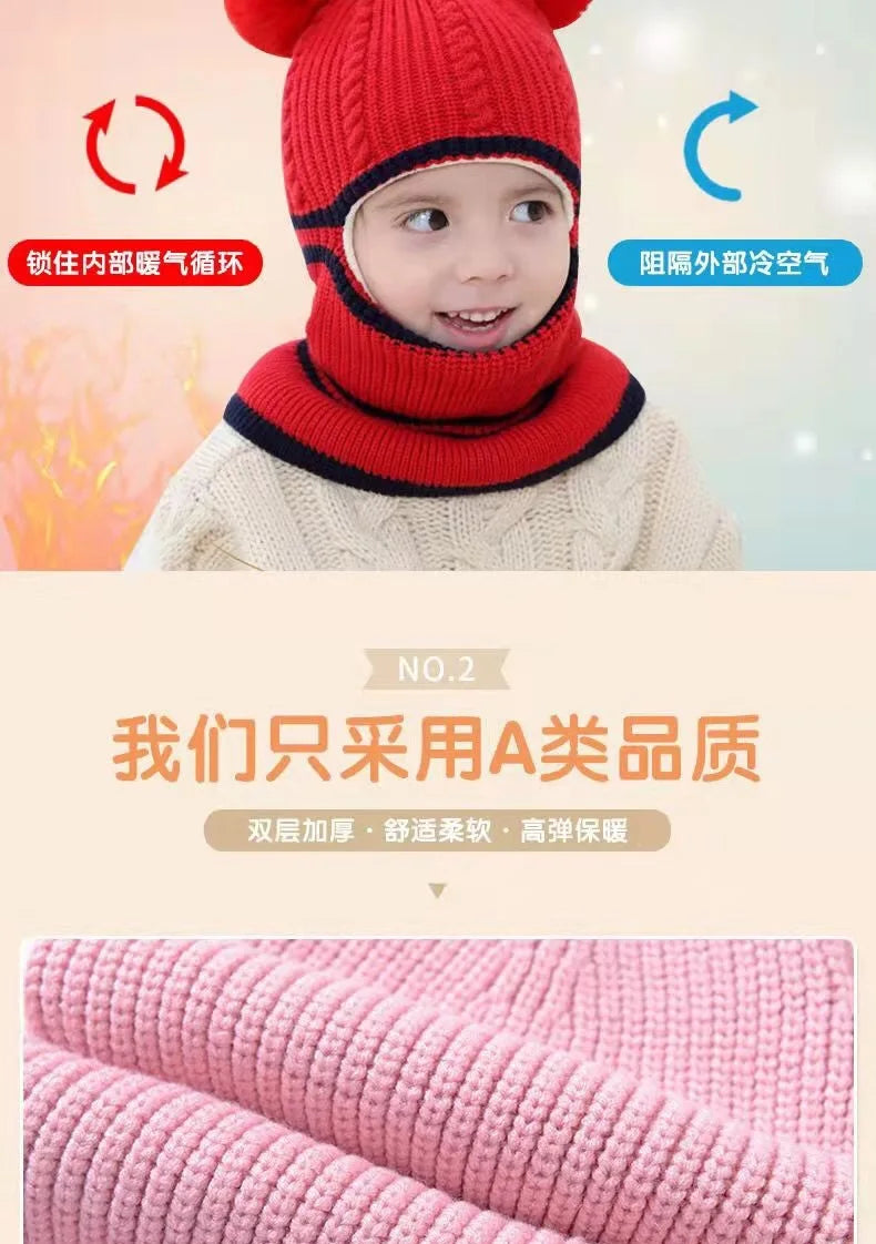 2-4year kid's knitted hat winter warm woolen hat mask scarf one-piece