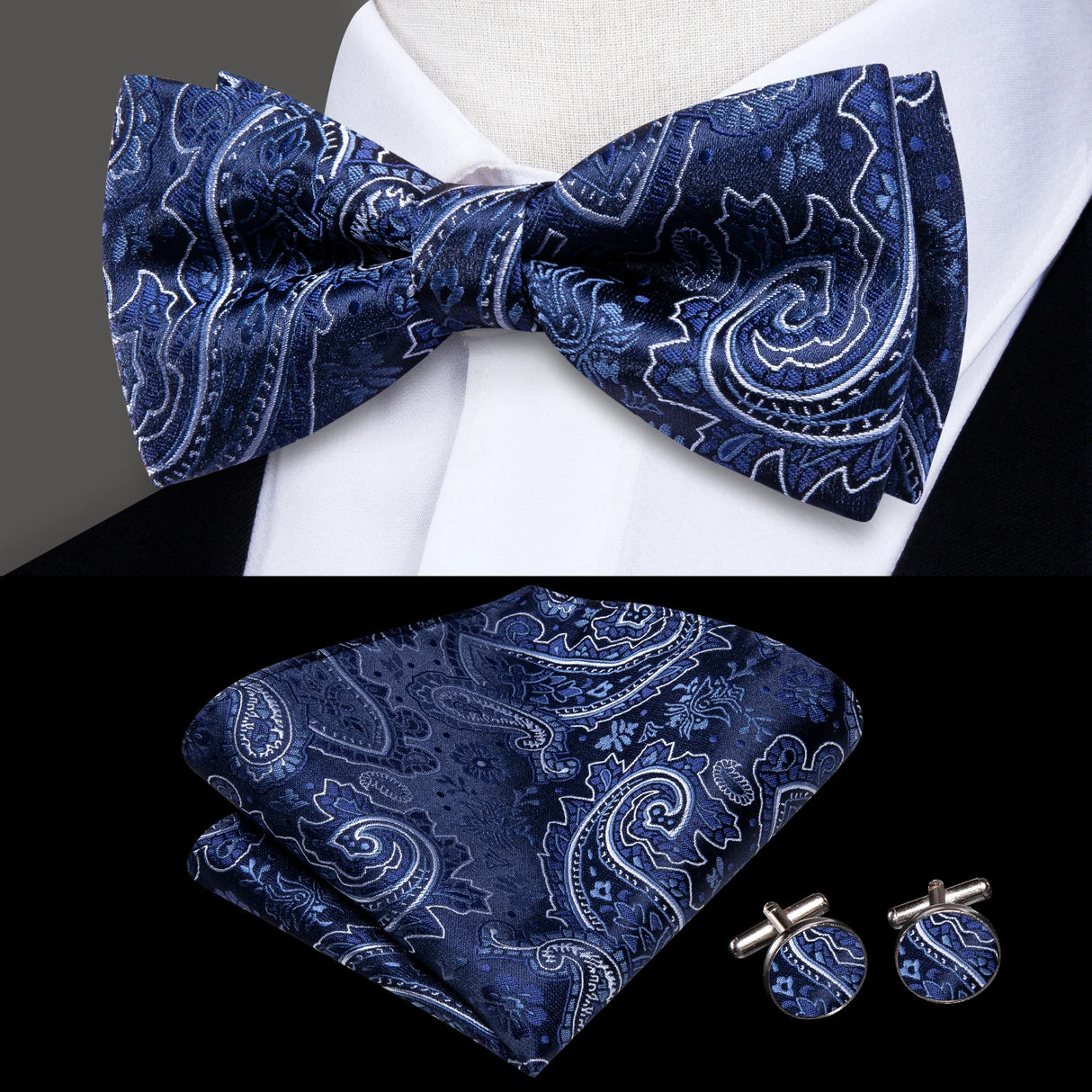 Hi-Tie Marque Soie Pré-noué Homme Nœud Papillon Mouchoir Boutons de Manchette Ensemble Nœud Papillon pour Homme Jacquard Solide Cachemire Floral Mariage Cadeau d'Affaires