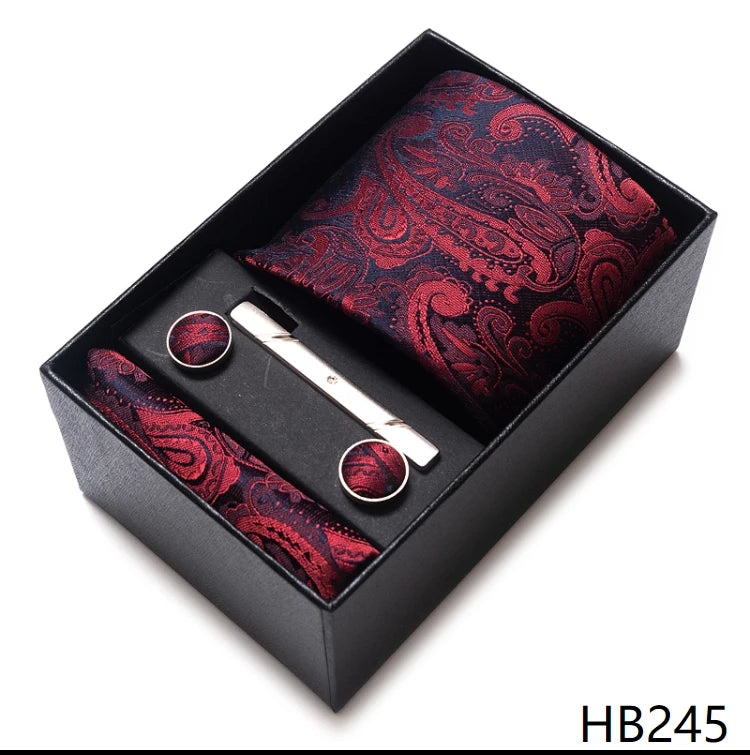 65 Colors Fashion Tie Handkerchief Set Tie Clip Necktie Box Man's Shirt Dark Red Accessories Men Wedding Holiday Gift